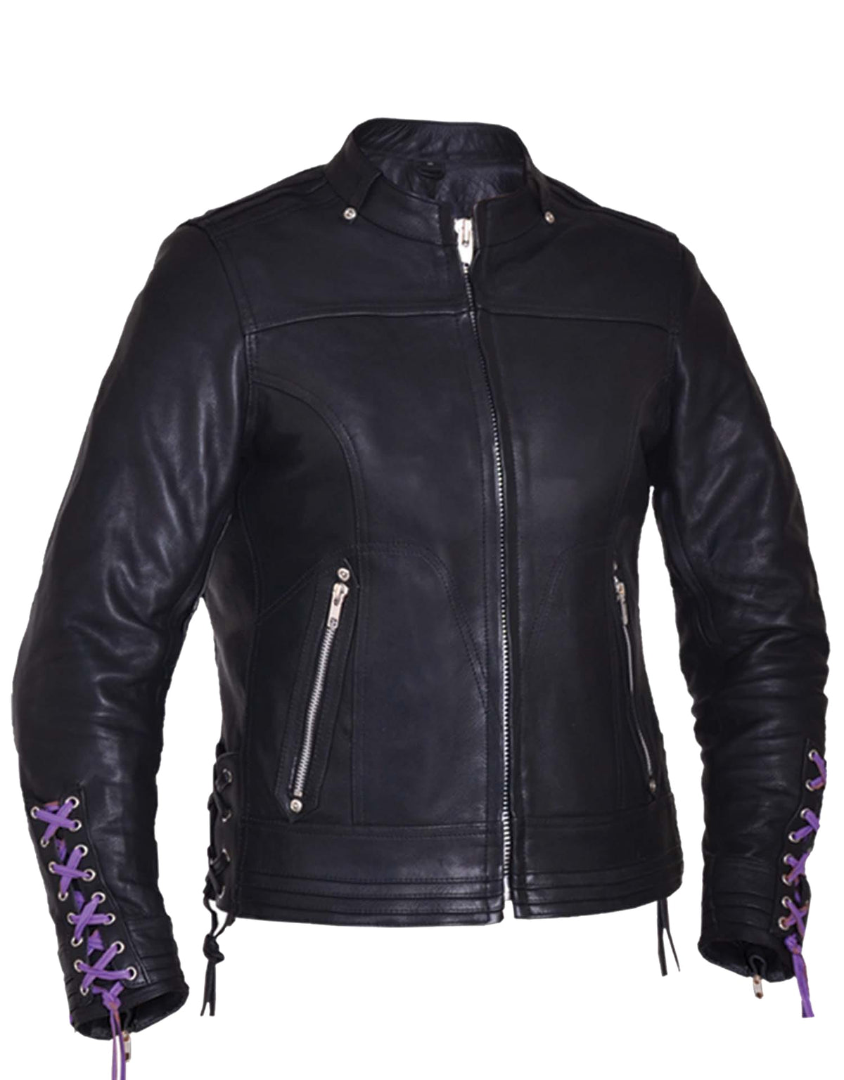 Ladies Ultra motorcycle leather jacket by Dynamicleather, black women’s jacket with stylish design and zipper details.