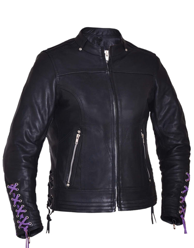 Ladies Ultra motorcycle leather jacket by Dynamicleather, black women’s jacket with stylish design and zipper details.