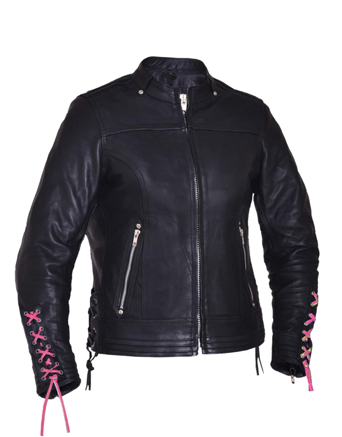 Ladies Ultra Motorcycle Leather Jacket by Dynamicleather, women's black leather motorcycle jacket with stylish design and functional details.
