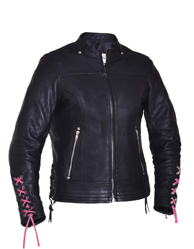Ladies Ultra Motorcycle Leather Jacket by Dynamicleather, women's black leather motorcycle jacket with stylish design and functional details.