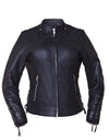 Ladies ultra motorcycle leather jacket by Dynamicleather, featuring black leather with silver hardware and stylish design details.