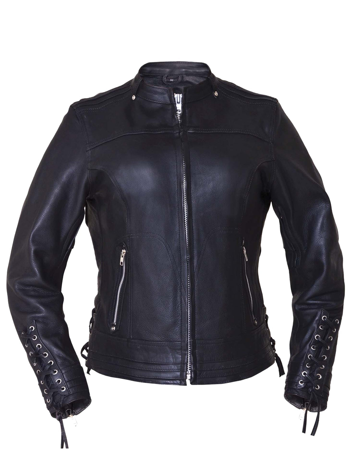 Ladies ultra motorcycle leather jacket by Dynamicleather, featuring black leather with silver hardware and stylish design details.