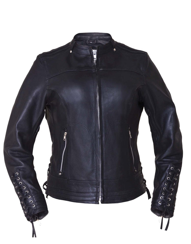 Ladies ultra motorcycle leather jacket by Dynamicleather, featuring black leather with silver hardware and stylish design details.