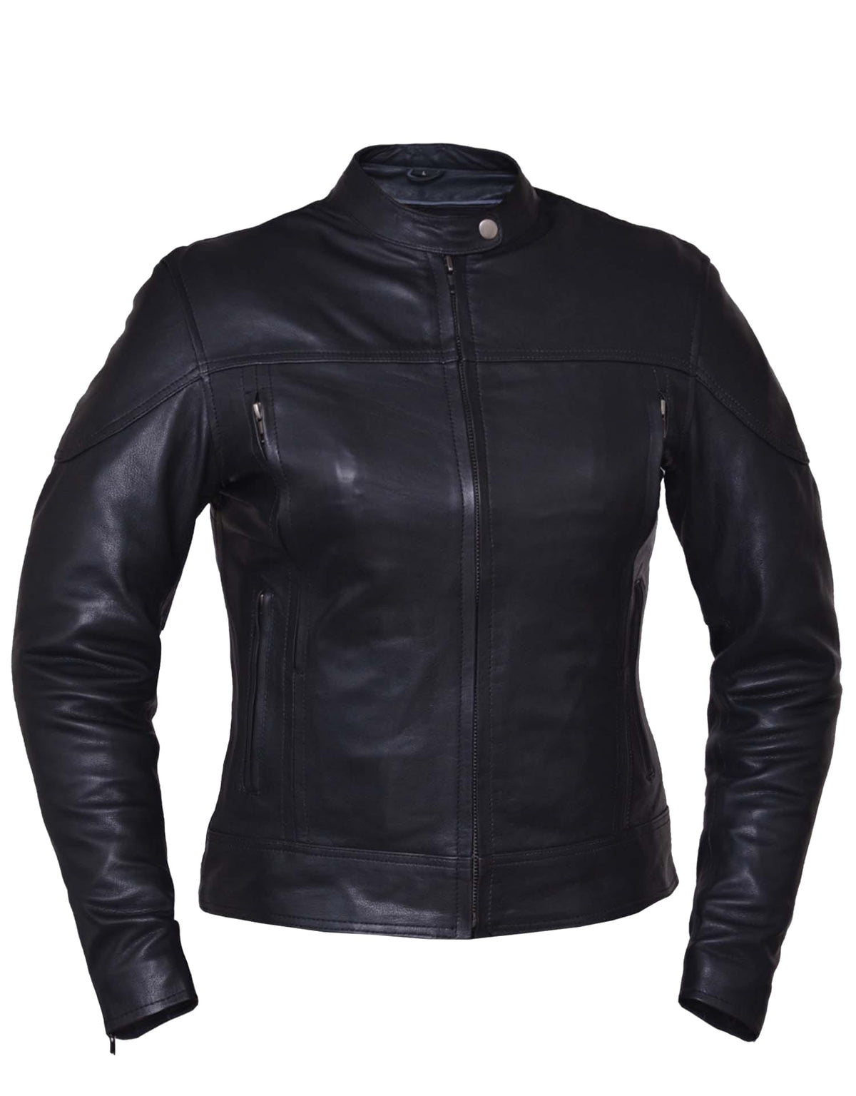 Ladies lightweight motorcycle jacket by Dynamicleather, shown in black, with a fitted design and zip-up front.