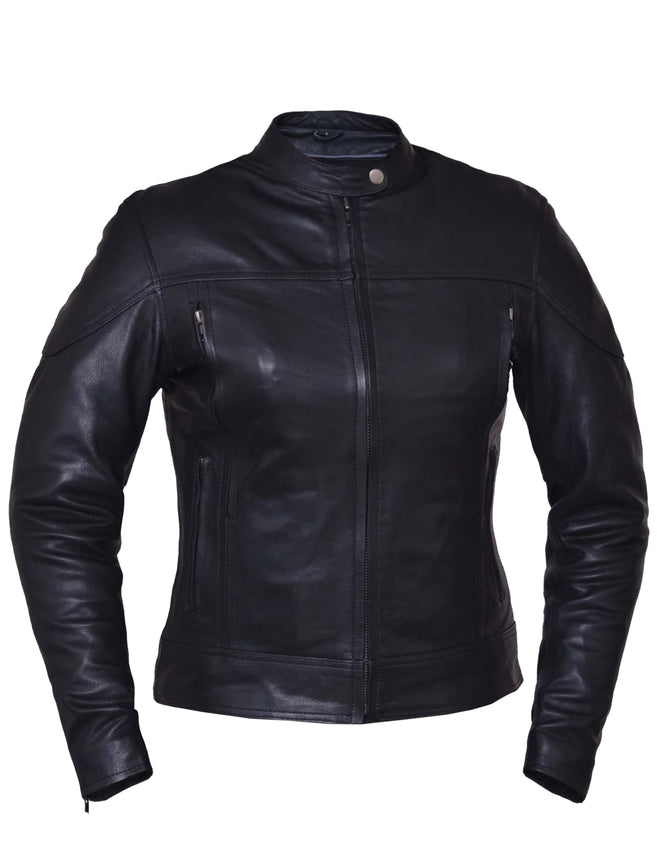 Ladies lightweight motorcycle jacket by Dynamicleather, shown in black, with a fitted design and zip-up front.