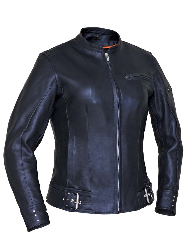 Ladies premium motorcycle jacket by Dynamicleather, black leather women’s jacket with zipper details and stylish design.