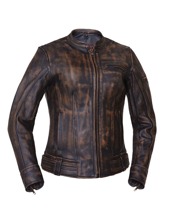 Ladies Nevada Brown Ultra Motorcycle Jacket for women by Dynamicleather, featuring a stylish brown leather design with detailed stitching.