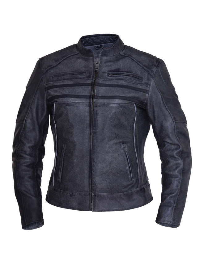 Ladies Tombstone gray striped motorcycle jacket by DynamicLeather, featuring a stylish striped design and fitted silhouette.