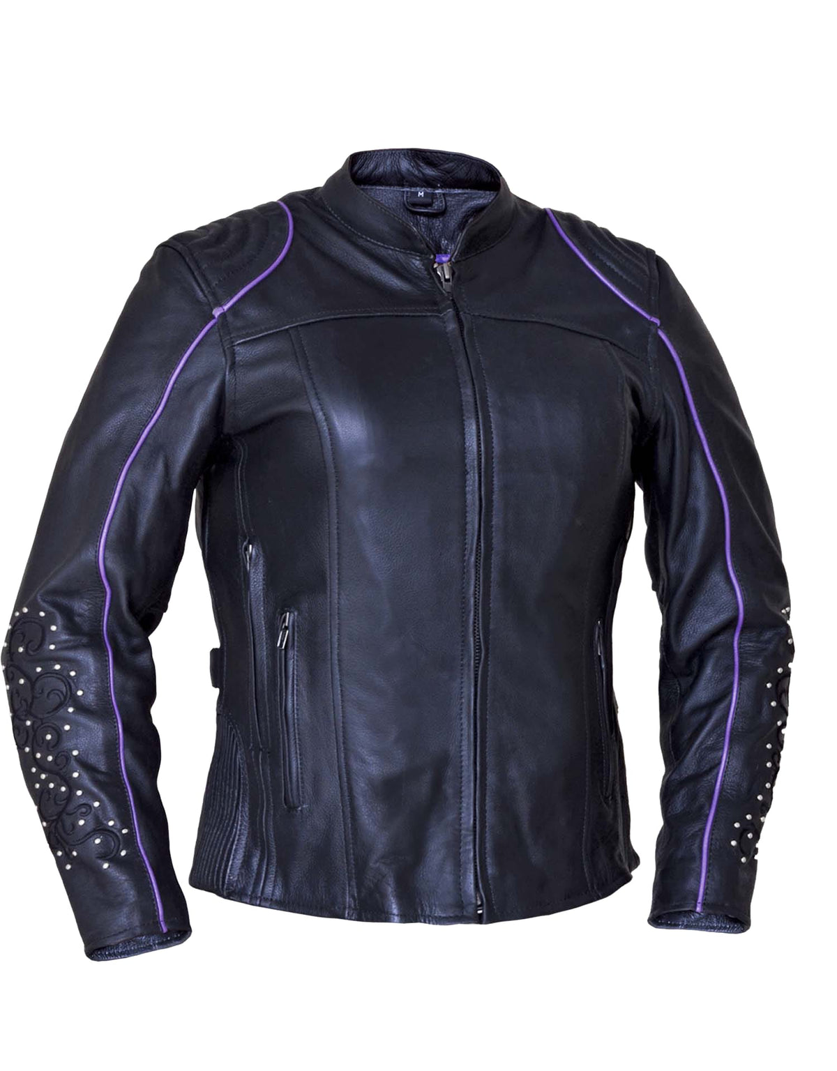 Dynamicleather women's motorcycle jacket with angel wing design, featuring a stylish and durable leather exterior.