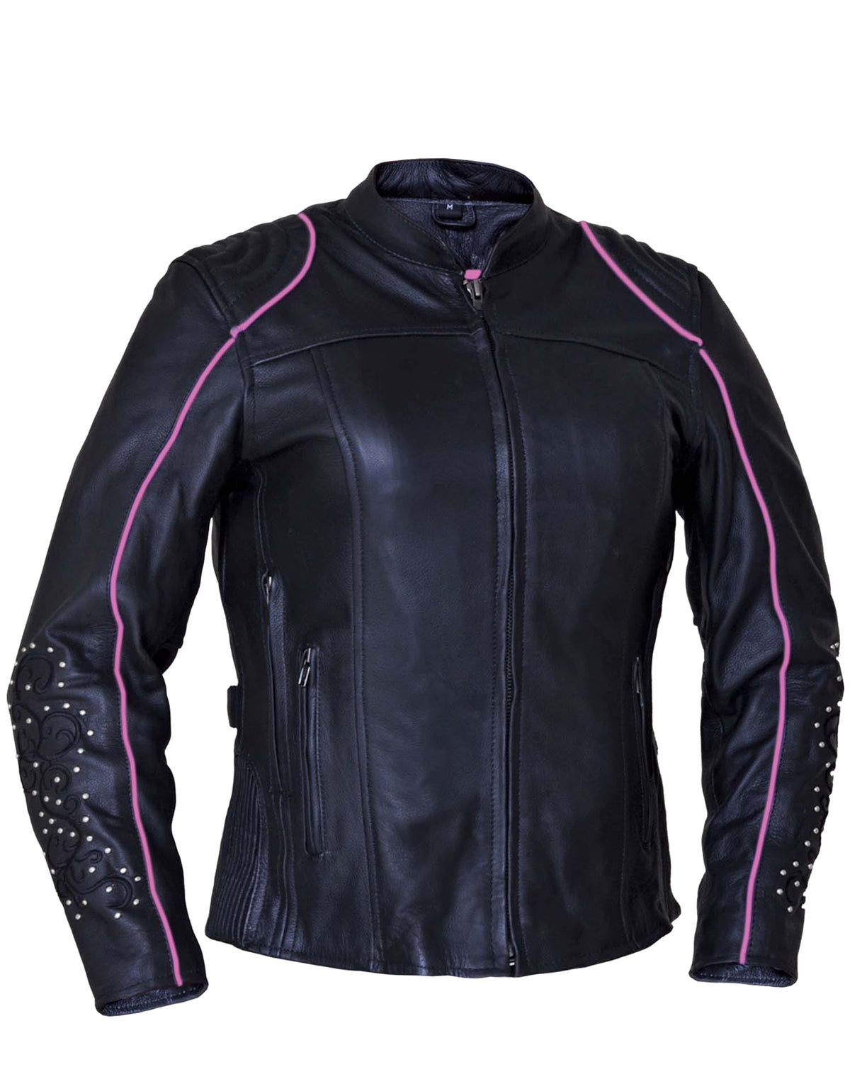 Ladies premium motorcycle jacket with angel wing design by Dynamicleather, featuring stylish detailing and a sleek fit.
