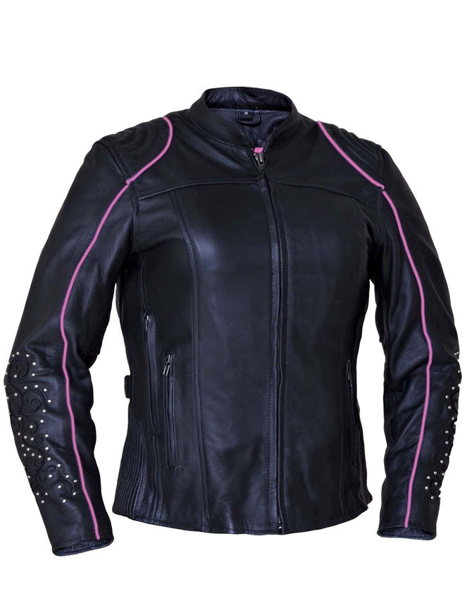 Ladies premium motorcycle jacket with angel wing design by Dynamicleather, featuring stylish detailing and a sleek fit.