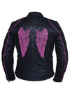Hot pink women's motorcycle jacket with angel wing design by HighwayLeather, featuring premium leather and stylish details.