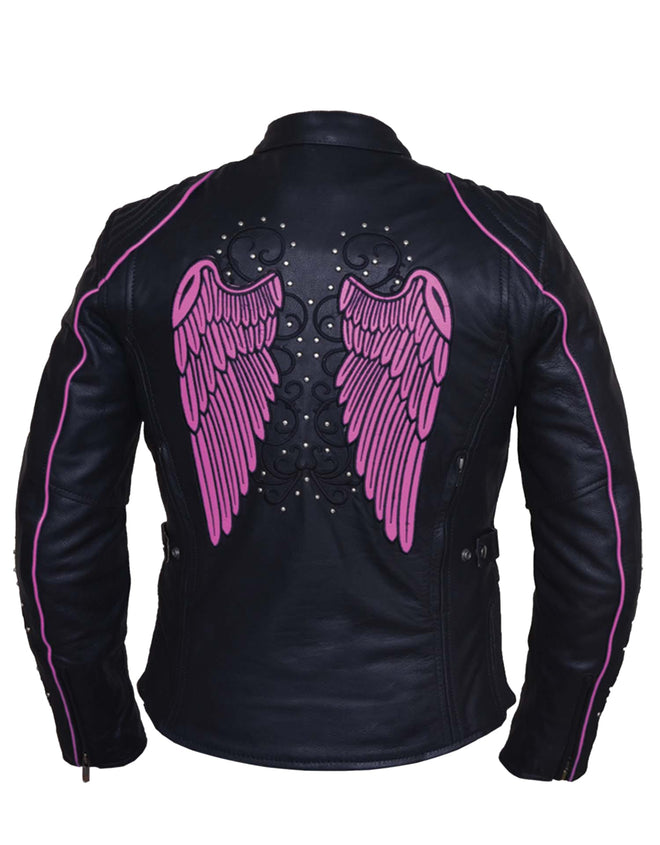 Hot pink women's motorcycle jacket with angel wing design by HighwayLeather, featuring premium leather and stylish details.