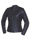 Ladies premium motorcycle jacket by Dynamicleather with stylish angel wing design, featuring black leather and detailed stitching.