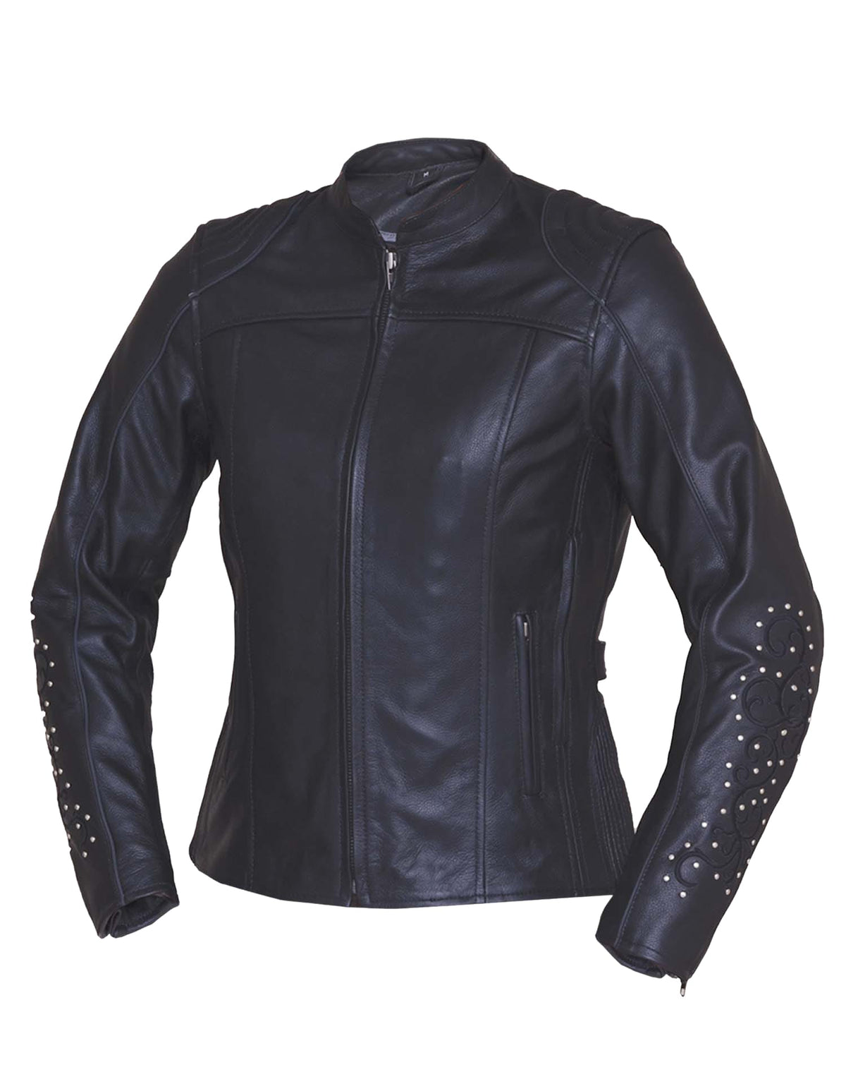 Ladies premium motorcycle jacket by Dynamicleather with stylish angel wing design, featuring black leather and detailed stitching.