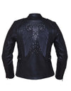 Ladies premium motorcycle jacket by Dynamicleather featuring a stylish angel wing design, black leather with detailed wing embroidery.