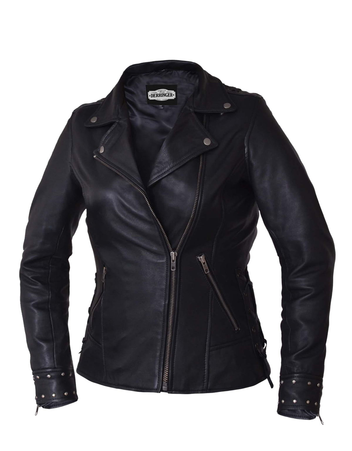 Ladies Derringer lambskin leather jacket by Dynamicleather, stylish women’s jacket with smooth leather finish and classic design.