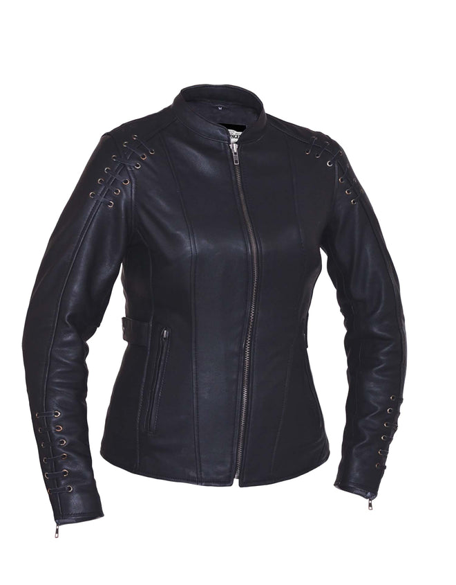 Ladies lambskin leather jacket from Dynamicleather, stylish women’s jacket with a sleek silhouette and smooth leather finish.