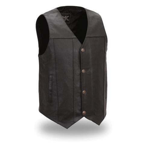 Dynamicleather Gun Runner men's vest displayed on a hanger, featuring leather construction with detailed stitching and a front zipper.
