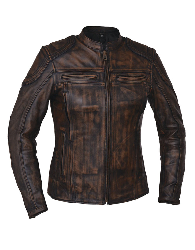 Ladies Nevada Brown Ultra Motorcycle Jacket by Dynamicleather, stylish women's brown leather motorcycle jacket with detailed stitching.
