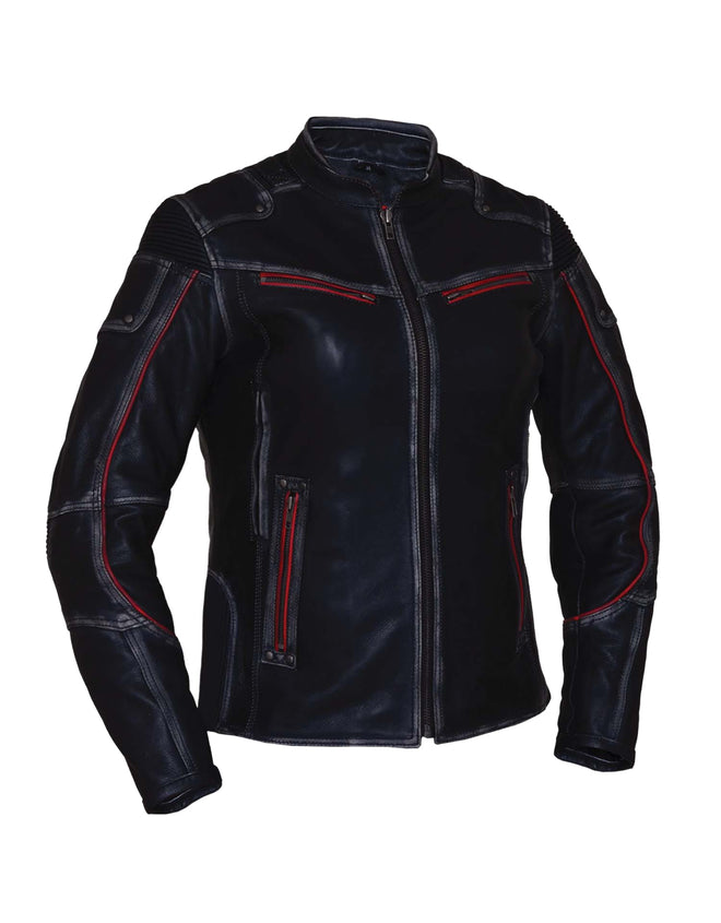 Dynamicleather ladies ultra motorcycle jacket for women with protective armor, black leather, and stylish fit.