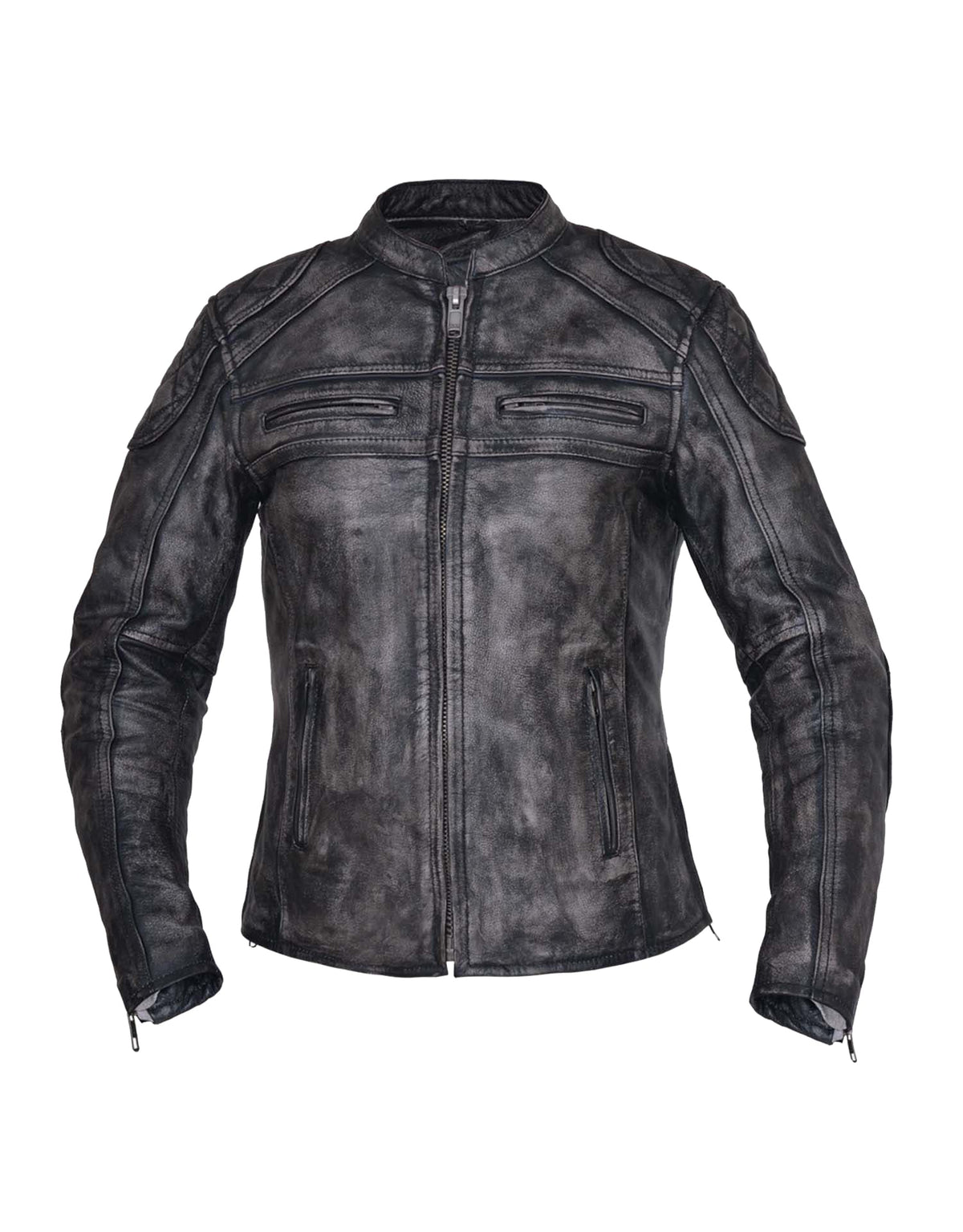 Ladies Amarillo Gray premium leather motorcycle jacket by Dynamicleather, featuring a stylish design and classic fit for women.