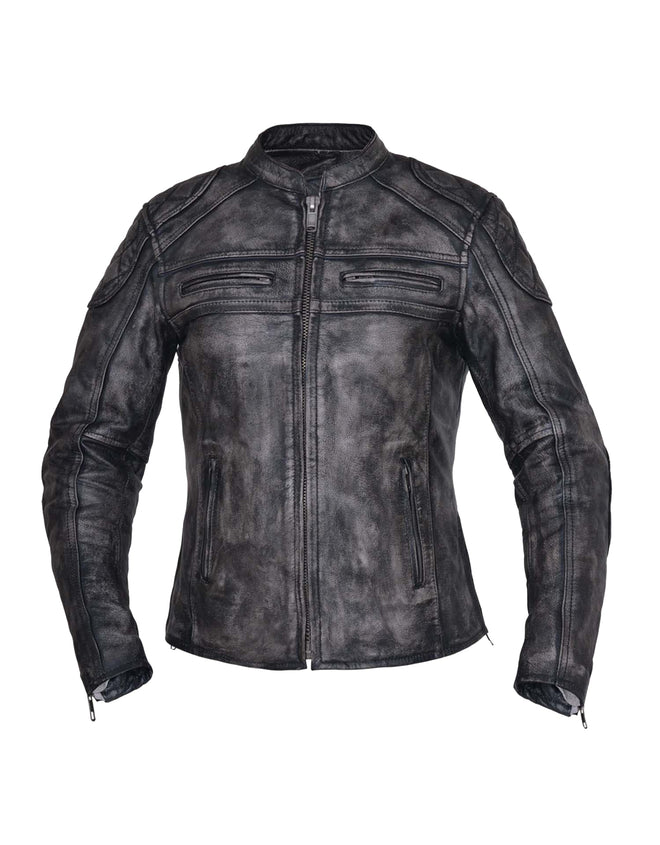 Ladies Amarillo Gray premium leather motorcycle jacket by Dynamicleather, featuring a stylish design and classic fit for women.