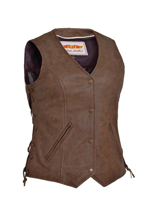 Ladies Arizona brown leather motorcycle vest by DynamicLeather, featuring premium genuine leather and stylish design.