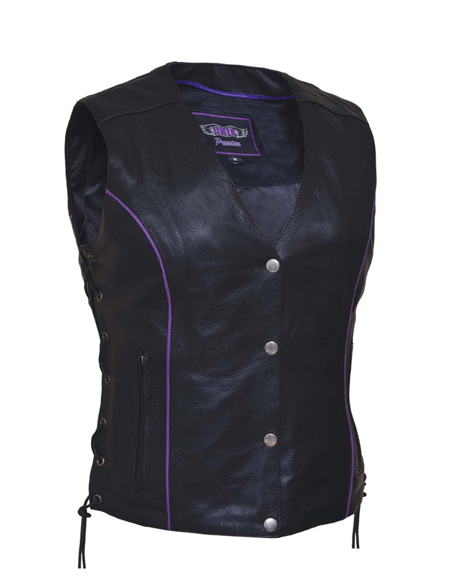 Ladies premium motorcycle vest by Dynamicleather with wing embroidery on the back, featuring a stylish and fitted design for women.