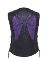 Ladies premium motorcycle vest with wing embroidery on the back, by Dynamicleather, featuring stylish design and durable fabric.