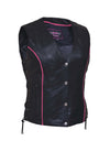 Ladies premium motorcycle vest by Dynamicleather featuring wing embroidery on the back, black leather with detailed stitching.