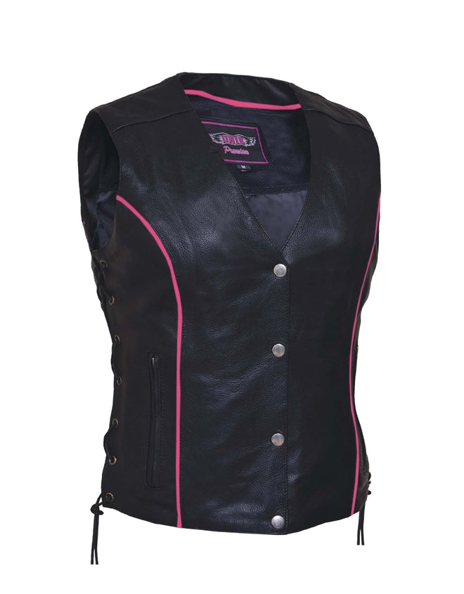 Ladies premium motorcycle vest by Dynamicleather featuring wing embroidery on the back, black leather with detailed stitching.