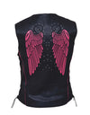 Women’s premium motorcycle vest by Dynamicleather with wing embroidery on the back, featuring a stylish and durable design.