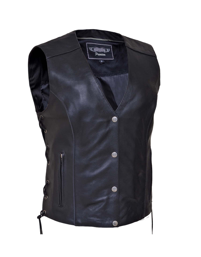 Dynamicleather women's premium motorcycle vest with wing embroidery on the back, featuring a stylish black leather design.