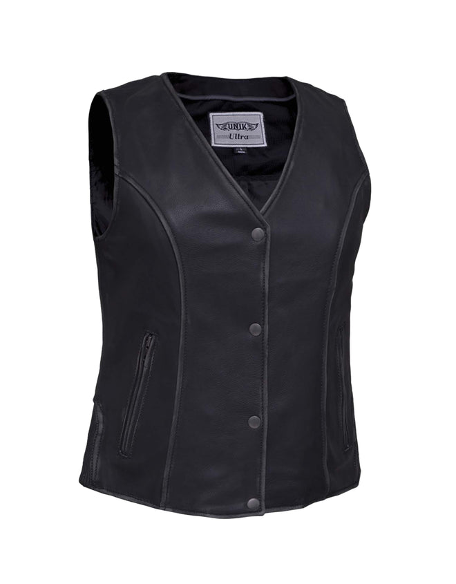 Ladies Durango Gray Ultra Motorcycle Vest by Dynamicleather, showcasing the stylish gray vest with detailed stitching and front zipper.
