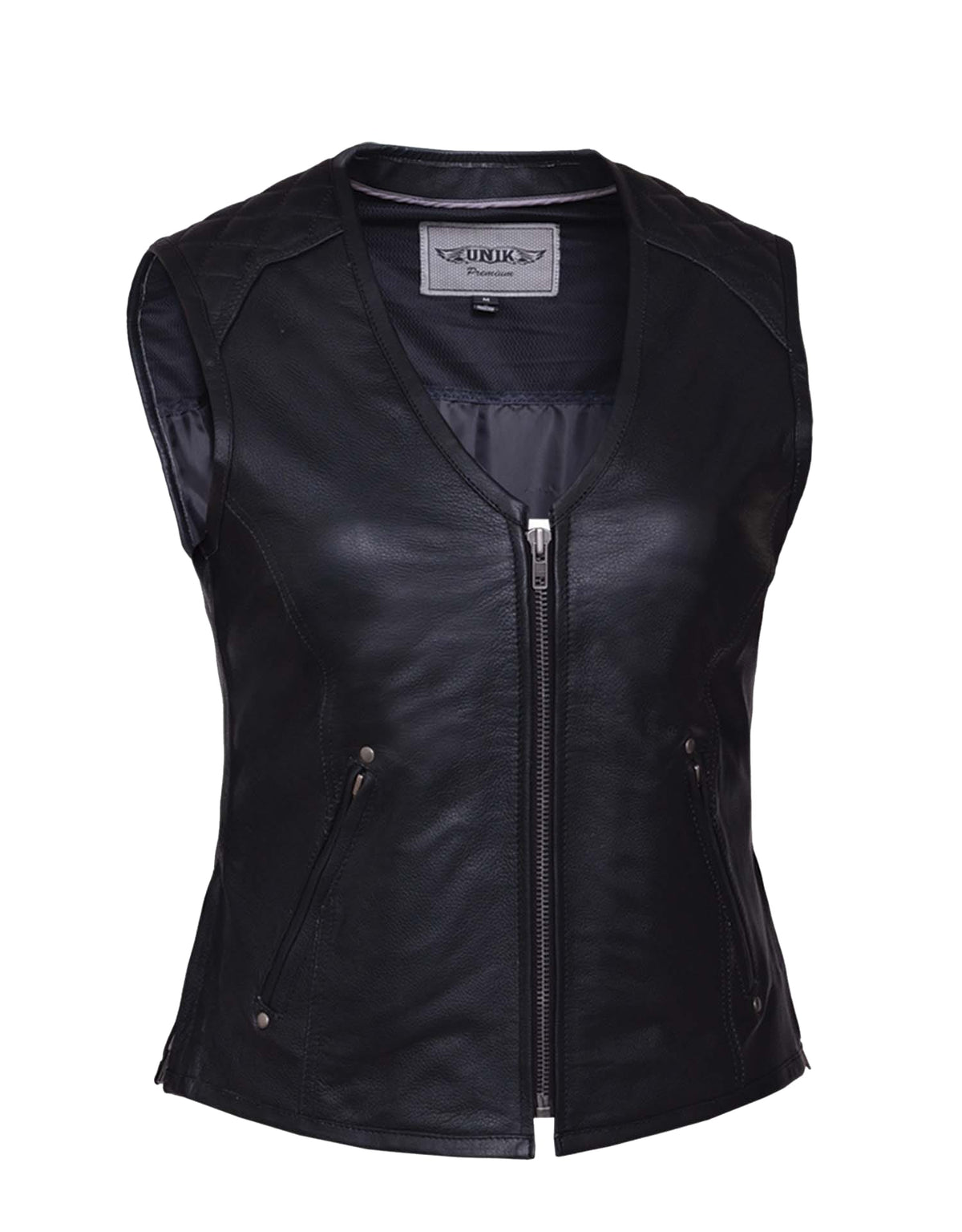 Ladies premium zippered motorcycle vest by Dynamicleather, featuring a sleek design and secure front zipper for women riders.