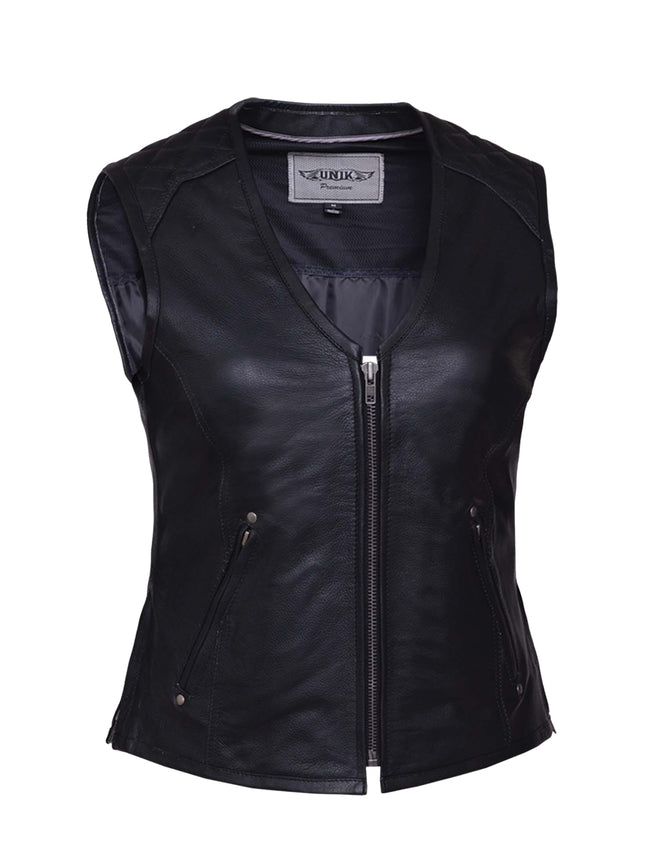 Ladies premium zippered motorcycle vest by Dynamicleather, featuring a sleek design and secure front zipper for women riders.
