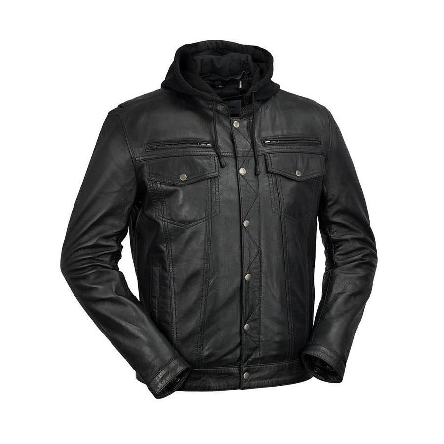 HighwayLeather Axel men's hooded leather jacket with front zipper and adjustable drawstrings, stylish men's jacket for casual wear