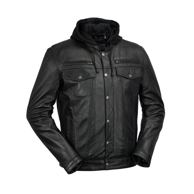 HighwayLeather Axel men's hooded leather jacket with front zipper and adjustable drawstrings, stylish men's jacket for casual wear