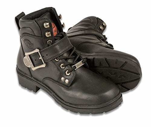 Milwaukee Women's Side Buckle Plain Toe Boots by Dynamicleather, featuring side buckles and a sleek plain toe design.