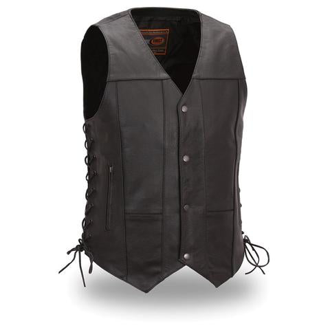 Dynamicleather leather biker vest with metal zipper closure and multiple pockets, stylish and durable motorcycle apparel.