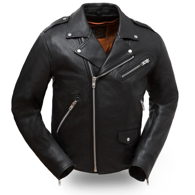 Men's Enforcer jacket by Dynamicleather, showcasing a stylish black leather jacket with a rugged design and detailed stitching.