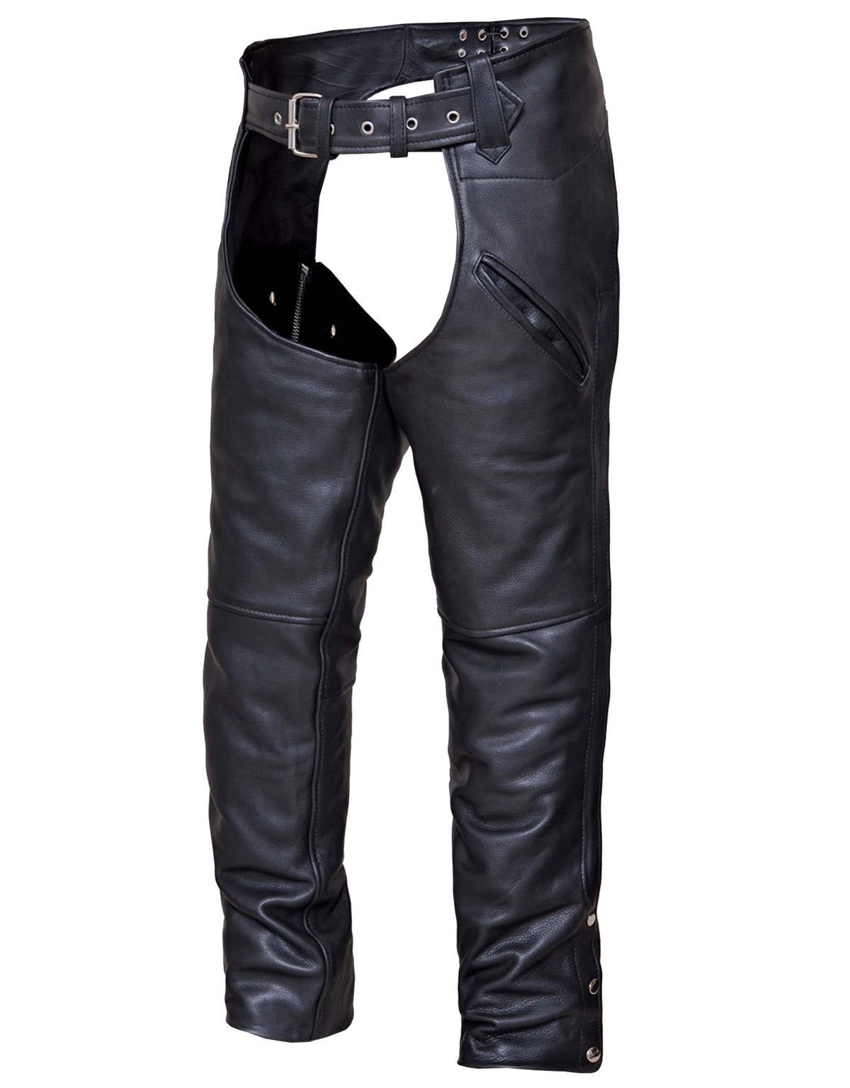 Unisex premium leather motorcycle chaps with deep pockets, made by Dynamicleather, featuring a sturdy design and secure fit.