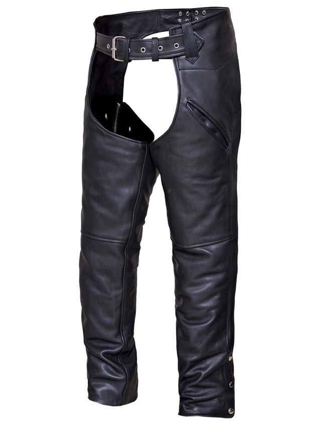 Unisex premium leather motorcycle chaps with deep pockets, made by Dynamicleather, featuring a sturdy design and secure fit.