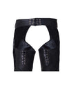 Dynamicleather ladies premium low rise motorcycle chaps made of durable leather with zipper closures and adjustable waist.