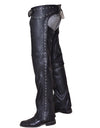 Ladies premium leather studded motorcycle chaps with metal stud accents, designed for a stylish and protective riding look by Dynamicleather.