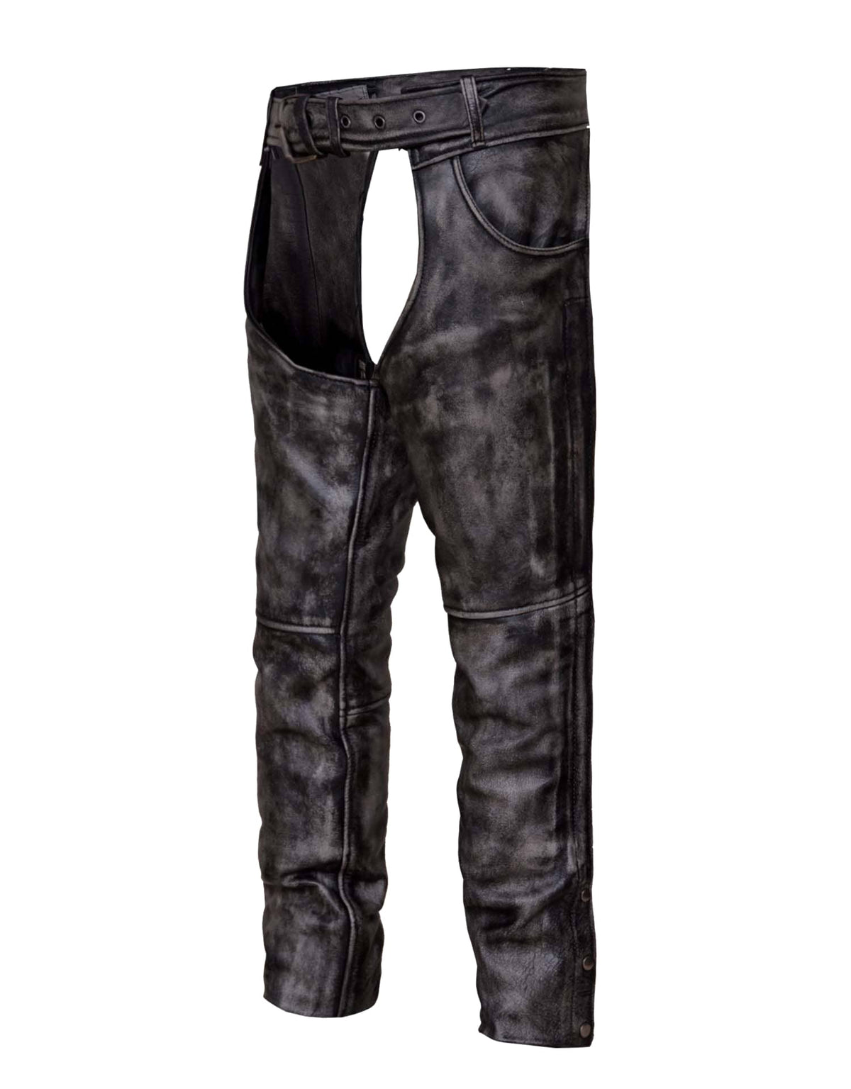 Unisex Amarillo Gray premium leather motorcycle chaps by Dynamicleather, featuring durable stitching and comfortable fit.