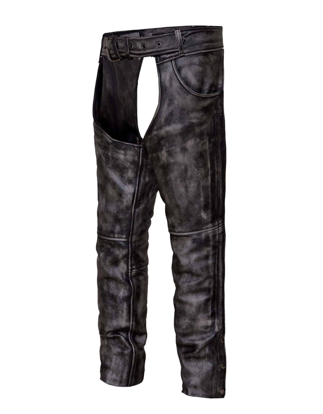 Unisex Amarillo Gray premium leather motorcycle chaps by Dynamicleather, featuring durable stitching and comfortable fit.