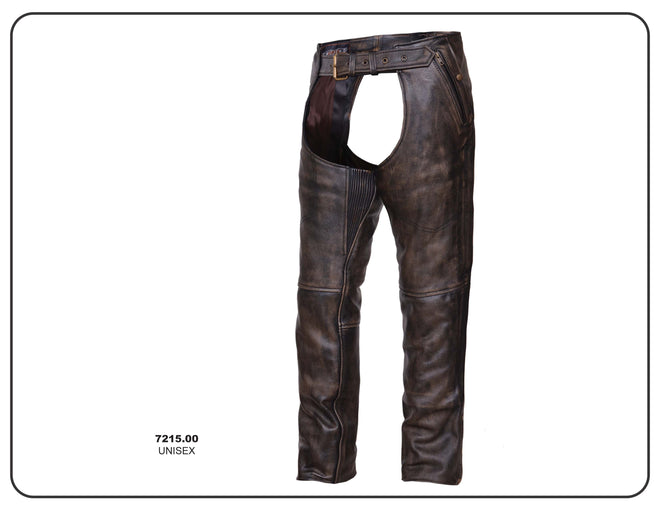 Unisex Montana Brown premium leather motorcycle chaps by Dynamicleather, featuring sturdy design and detailed stitching.