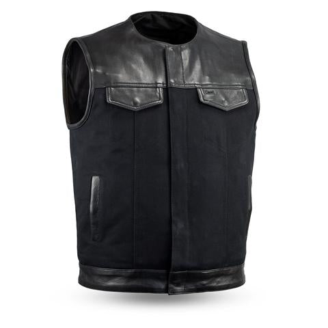 Dynamicleather men's vest from the Mastermind collection, featuring a sleek black leather design and modern tailored fit.